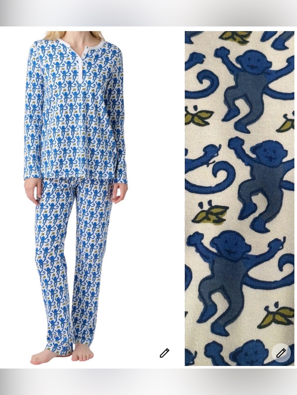 Roller Rabbit Blue Monkey Pajama Set Size L Pima Cotton